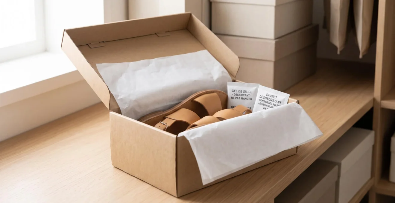 Boîte à chaussures ouverte contenant une paire de sandales en cuir camel rangées avec du papier de soie et des sachets absorbeurs d'humidité, posée sur une étagère de placard sec