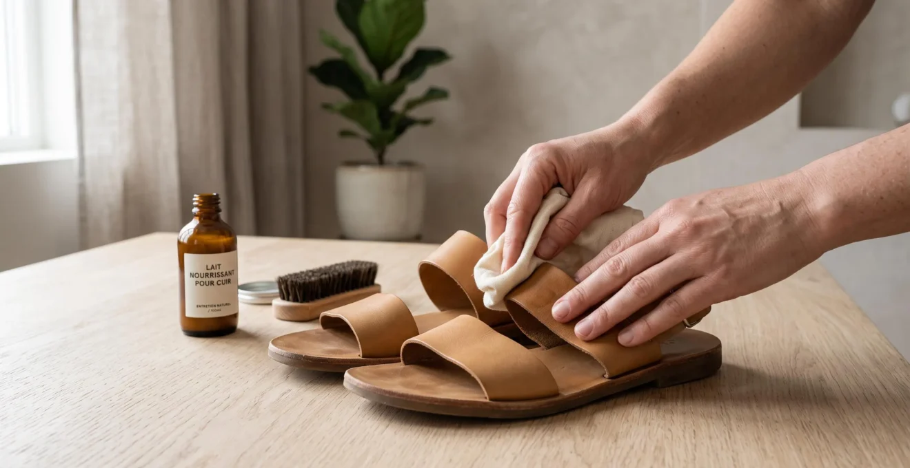 Mains appliquant un lait nourrissant sur une sandale en cuir camel posée sur une table en bois clair, avec un flacon de soin et une brosse en crin naturel à proximité, dans une lumière naturelle douce