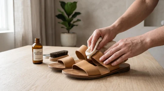 Mains appliquant un lait nourrissant sur une sandale en cuir camel posée sur une table en bois clair, avec un flacon de soin et une brosse en crin naturel à proximité, dans une lumière naturelle douce
